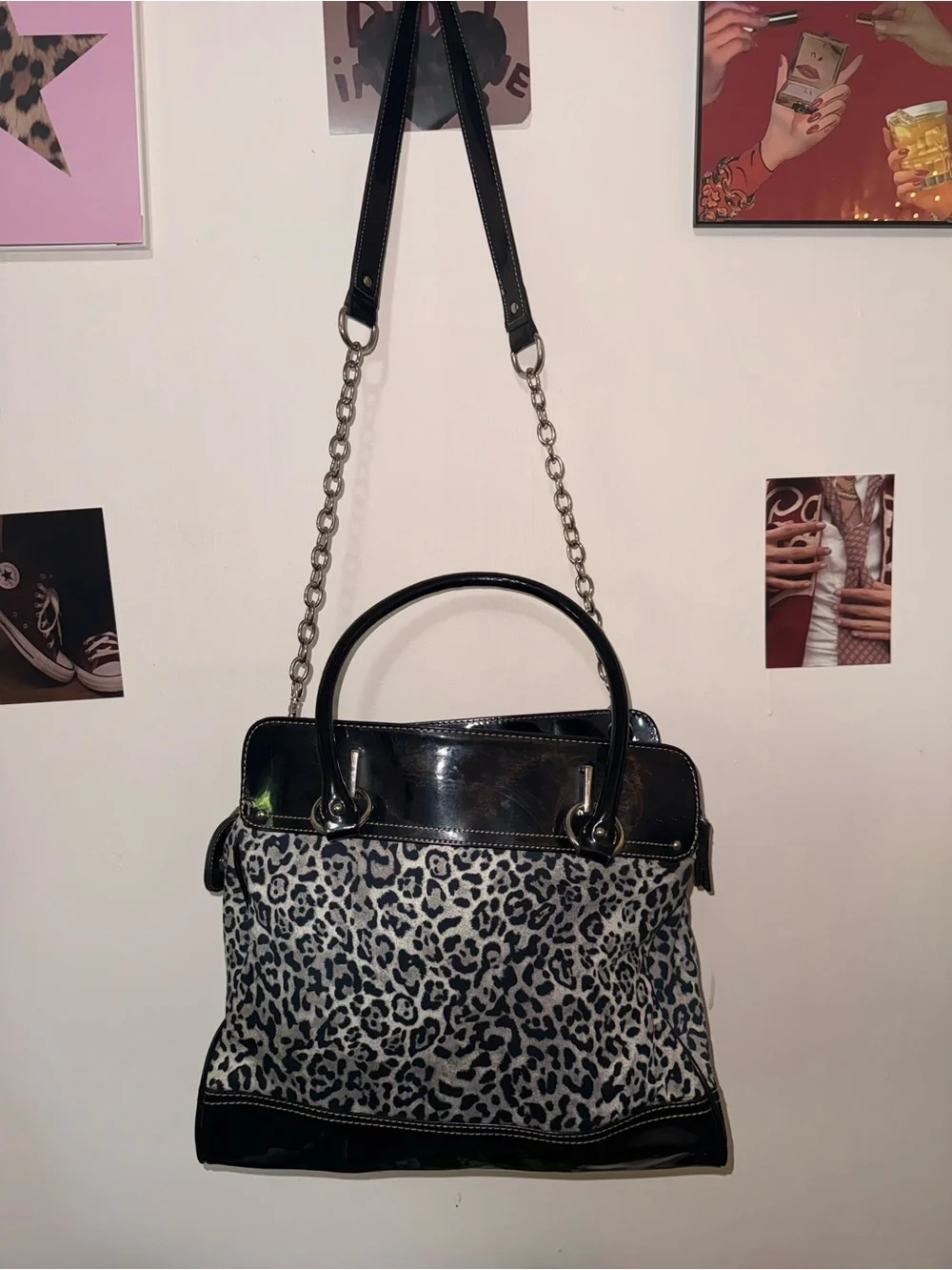 Vintage Chaps Snow Leopard & Patent Leather Shoulder Bag